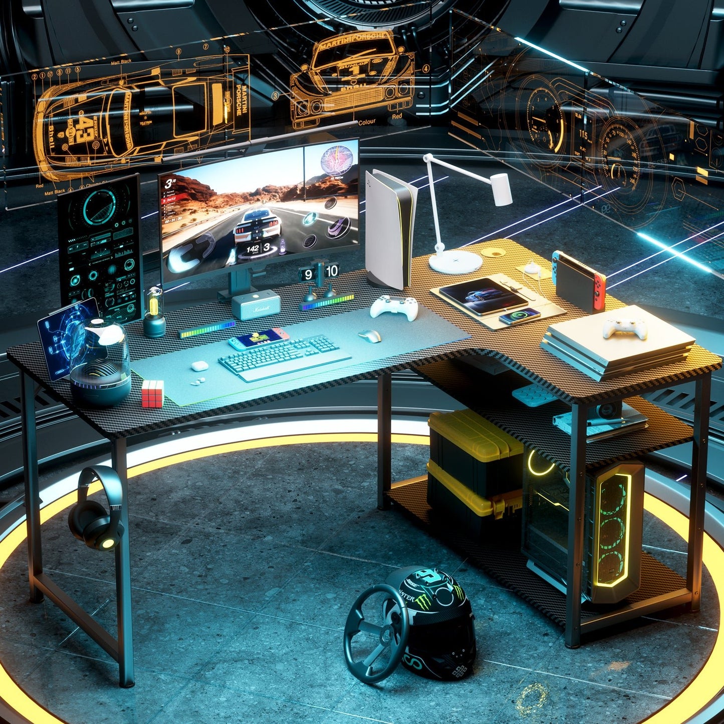 bureau avec rangement jeu vidéo écouteurs