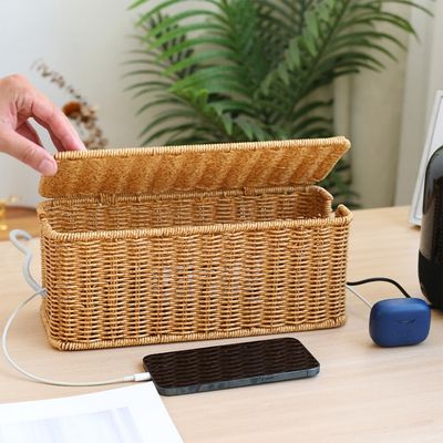 cache cable boite sur bureau écouteurs cellulaire plante papier