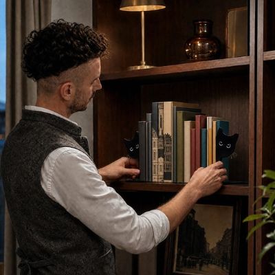 cale livre tête de chat homme devant bibliothèque