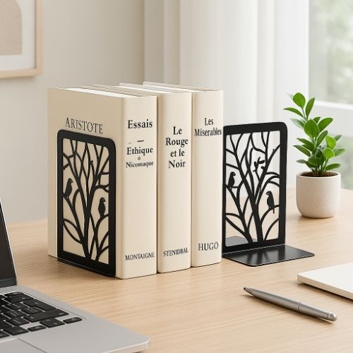 serre livre rectangulaire metal noir branches oiseaux supporte livres