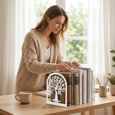 Serre livre tenant livre devant fenetre personne devant bureau