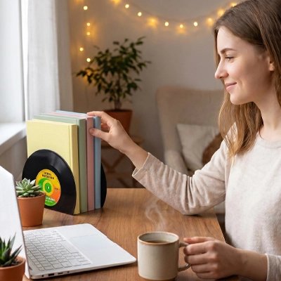 Serre livres femme sourire prend livre café plante rideau