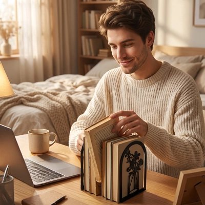 Serre-livres homme place livre fenêtre rideau ordinateur
