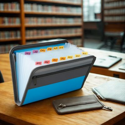 trieur 12 compartiments dans bibliothèque sur table bois