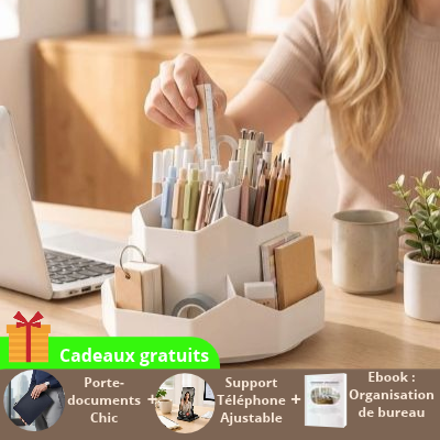 organisateur de bureau dame prend crayon et cadeaux