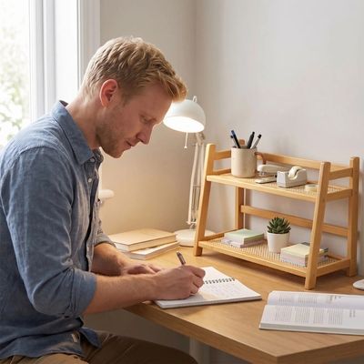 bureau étagère homme note cahier lampe livre plante