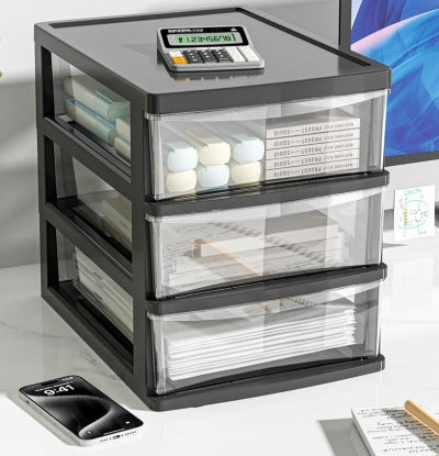 bureau tour de rangement plastique noir avec 3 tiroirs