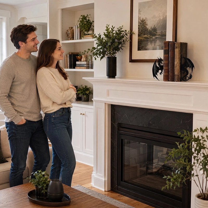 cale livre sur cheminée couple admire décoration livres