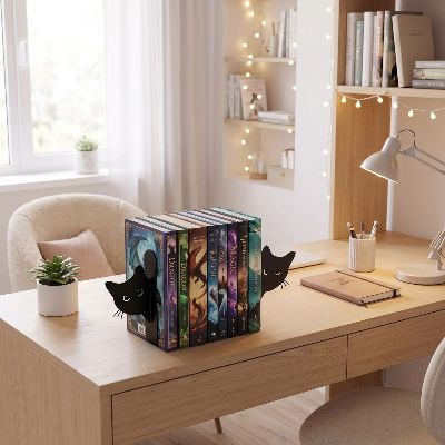 cale livre tête de chat bureau fenêtre lampe crayons