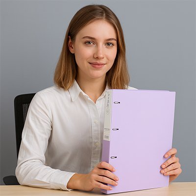 Classeur violet dame tient en main