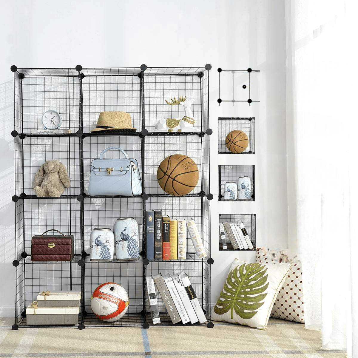 cube rangement noir avec ballon livres sac a main