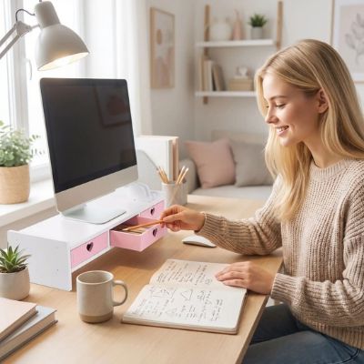 étagère à poser sur bureau écran dame place crayon