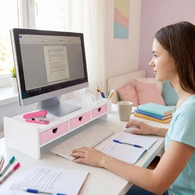 étagère à poser sur bureau fille travaille texte tasse livres