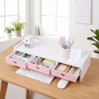 étagère à poser sur bureau tiroirs ouverts fournitures dedans