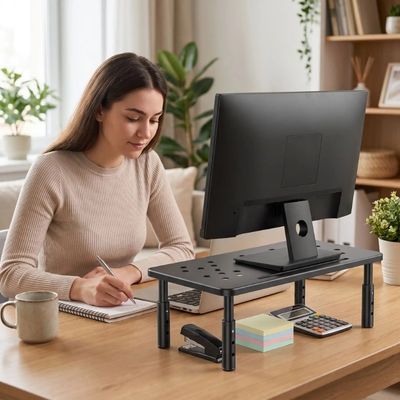 etagere bureau femme souriante travaille post-it café