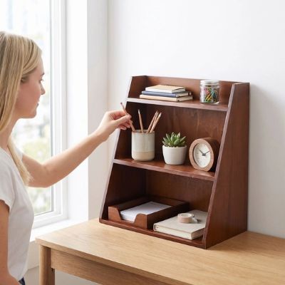etagere pour bureau  main femme prend crayon sur bureau fenêtre