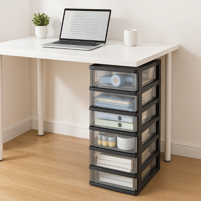 noire tour de rangement plastique sous blanc bureau