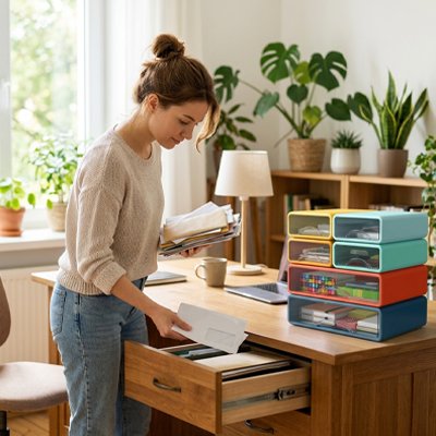Organisateur bureau sur bureau bois femme travaille