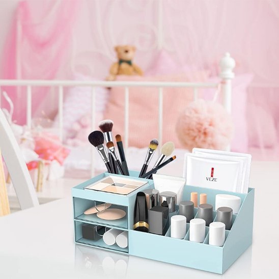 Organisateur de bureau bleu maquillage organise