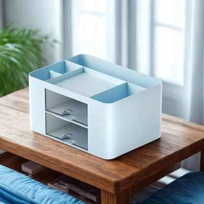 organisateur de bureau bleu sur table bois fenêtre plante