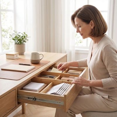 organisateur de tiroir dame assise bureau trie note café fenêtres