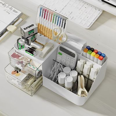 organiseur pour bureau vue dessus rempli fournitures rangerplus