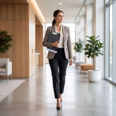 porte document femme marche couloir plantes divan