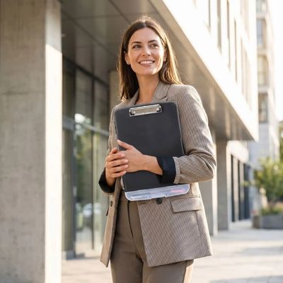 porte document femme dehors sourire arbre bâtiment