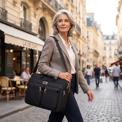 porte document femme âgée tient épaule marche rue