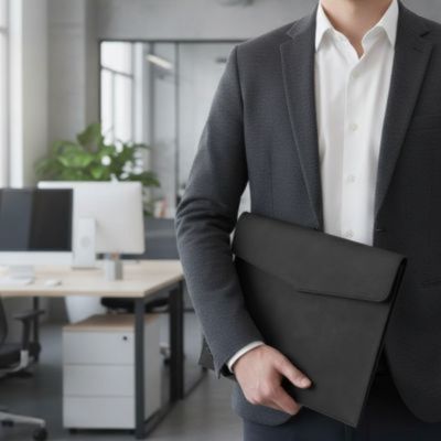 porte document cuir homme debout tient main ordinateur