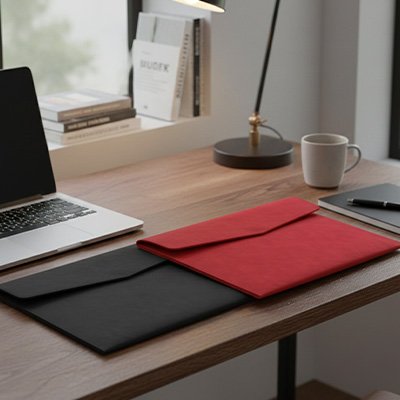 Porte document rouge noir sur bureau bois ordinateur