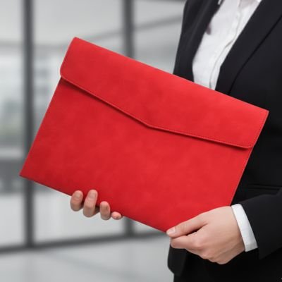 Porte document rouge tenu en main personne veston