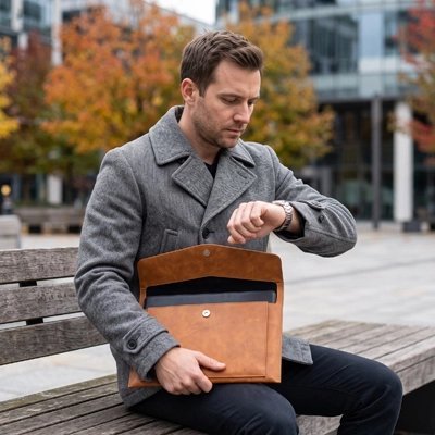 Porte documents homme banc assis regarde montre