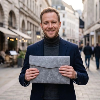 Porte documents homme debout tient main dehors rue