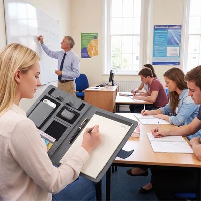 porte documents femme blonde note debout classe étudiants professeur