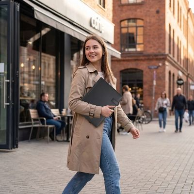 porte documents sous bras femme marche ville manteau dehors