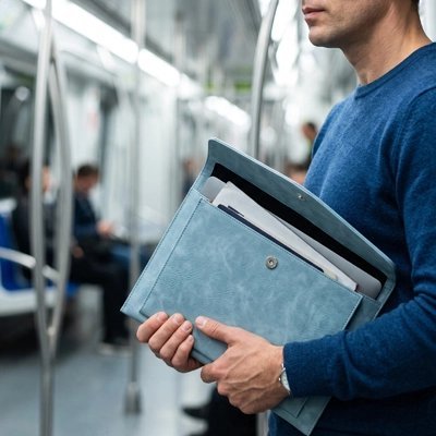 Porte documents ouvert main homme train