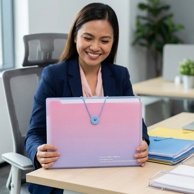 Range document dame travaille souriante assise bureau