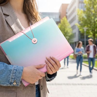range document en main devant école étudiants marchent