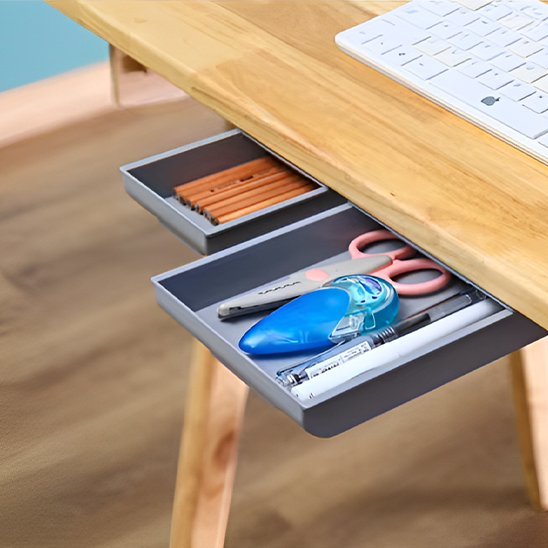 Rangement bureau 2 tiroirs ouverts fournitures