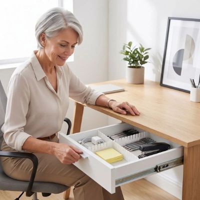 séparateur de tiroir dame âgée ouvre tiroir bureau organisé