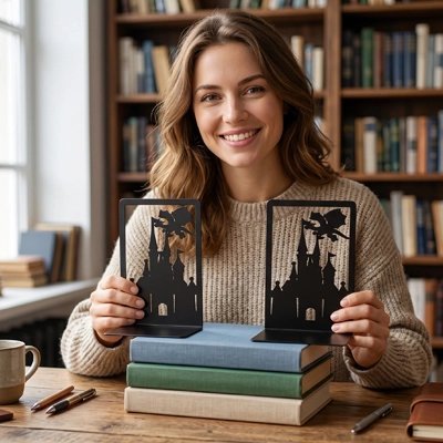 Serre livre dame tient sourire cafe crayon bibliotheque