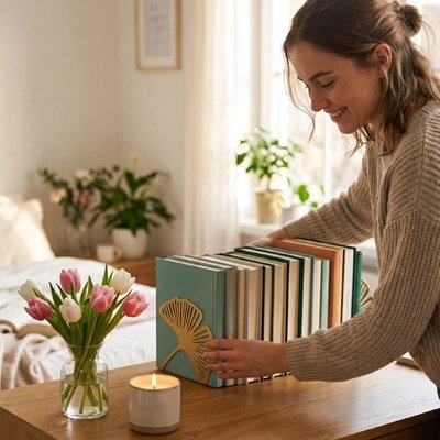 Serre livre femme tient livres organise fleures