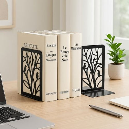 serre livre rectangulaire metal noir branches oiseaux supporte livres