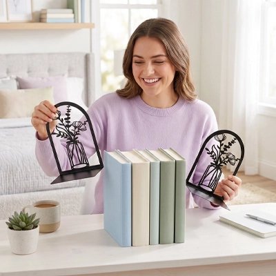 Serre-livres dame prend main livres devant tablette plante