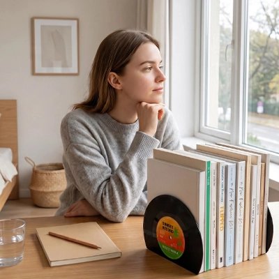 Serre livres femme regard dehors fenêtre cadre livres