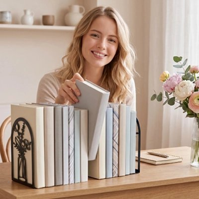 Serre-livres femme souriante prend livre rangé fleures fenêtre
