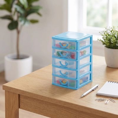 tour de rangement en plastique sur bureau bois plantes stylo