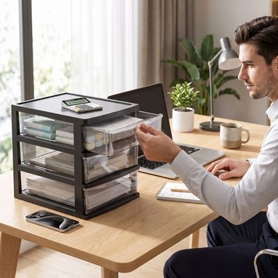 tour de rangement plastique homme ouvre tiroir assis bureau
