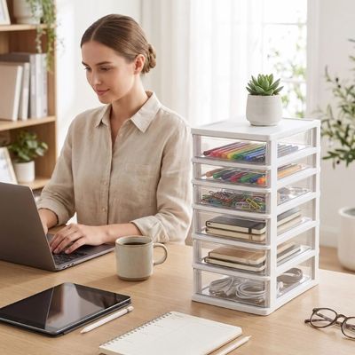 tour de rangement plastique femme tape ordinateur plante